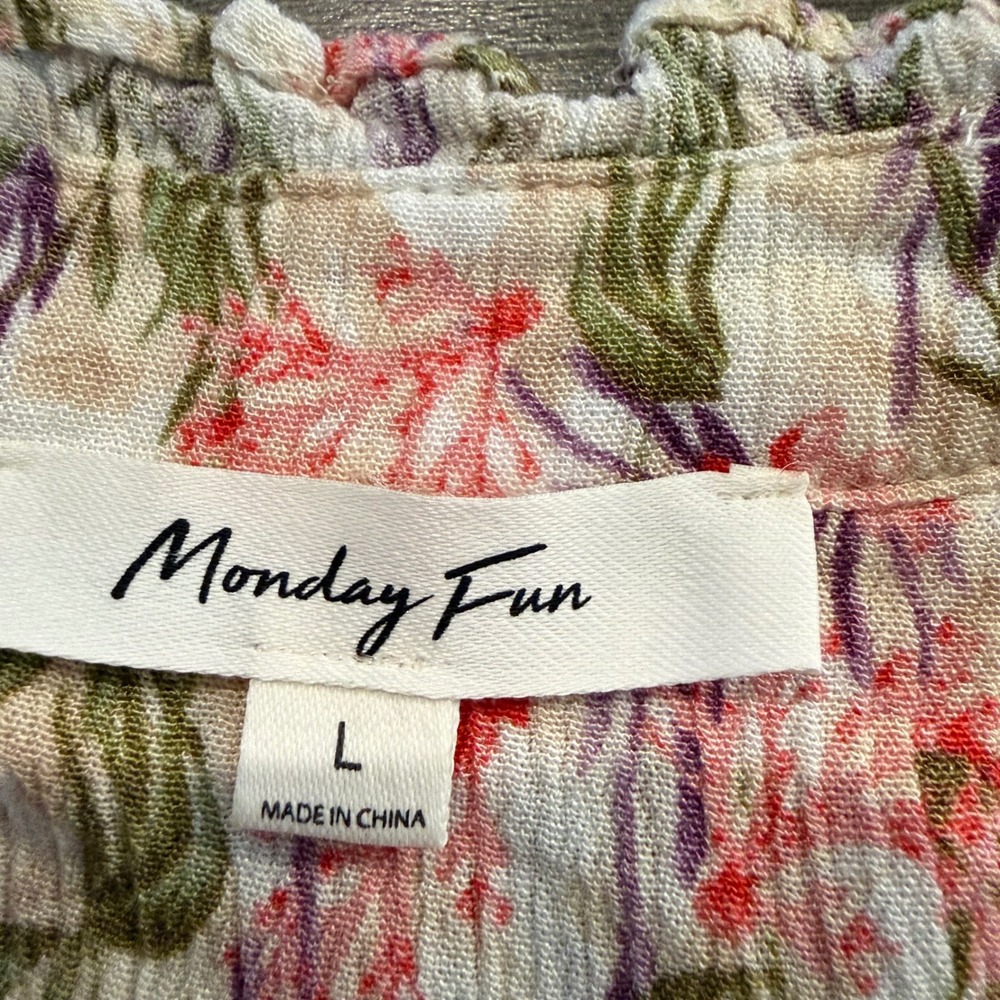 Monday Fun Floral V-Neck Cap Sleeve Rayon Blouse Red Green Large FT63021-3 - Picture 4 of 7
